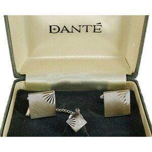 Dante Vintage Cufflinks Set with Tie Tack Pin Silvertone Square Formal Groom Box